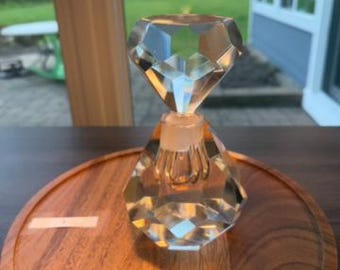 Large Faceted Crystal Perfume Bottle w Stopper Heavy Vintage Vanity Decanter Geometric Cut Glass | Item 154