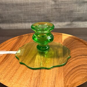Vintage Uranium Glass Candlestick Holder – Scalloped Base Chamber stick – Strong UV Glow – Pressed Glass – Item Number 130