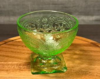 Uranium Glass Footed Bowl | Vintage Green Pressed Compote | Glows Under UV | Pedestal Dish | Item Number 163