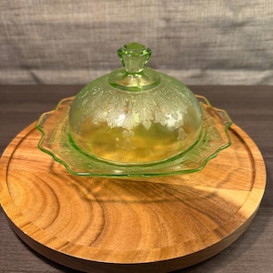 Vintage Uranium Glass Covered Butter Dish Floral Pattern Depression Era Glows 395nm Geiger Tested Vaseline Glass | Item Number 138