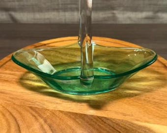 Uranium Glass Basket Dish | 1930s Handled Candy Bowl Glow | Item #165