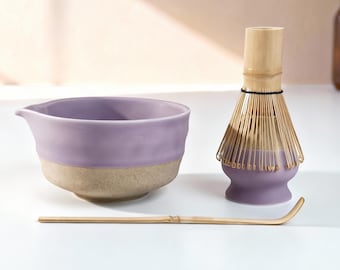 Conjunto de Matcha Roxo Lavanda com Bico, Tigela Katakuchi de Cerâmica Artesanal com Suporte para Batedor, Kit de Cerimônia do Chá Fofo e Kawaii, Presente Exclusivo para Ela