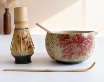 Conjunto de tigela para matcha com peônia vermelha pintada à mão e bico, kit para cerimônia do chá japonesa, chawan de cerâmica bege com suporte para batedor, presente floral para a mãe.