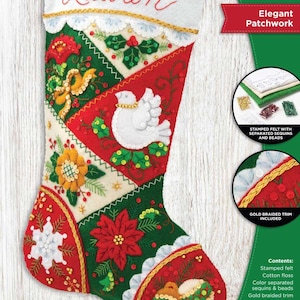 DIY Bucilla Elegant Patchwork Poinsettia Dove Christmas Felt Stocking Kit