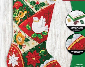 DIY Bucilla Elegant Patchwork Poinsettia Dove Christmas Felt Stocking Kit