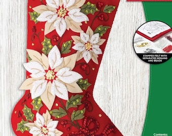 DIY Bucilla Posh Poinsettias Flowers Christmas Felt Stocking Kit