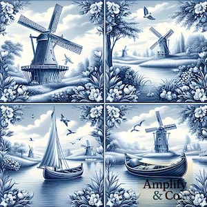 Può includere: Un set di piastrelle decorative blu e bianche. Ogni piastrella raffigura un mulino a vento o una scena di barca a vela olandese. I pannelli sono incorniciati da motivi floreali e fogliari, con uccelli ed elementi acquatici.