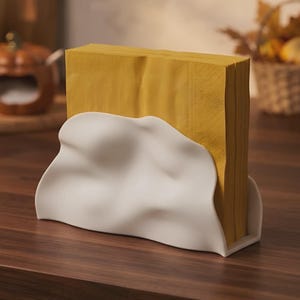May include: A white napkin holder with an irregular, wavy, and organic surface texture. The holder is filled with a stack of folded mustard yellow paper napkins. The structure is upright and holds the napkins in a vertical, organised position.