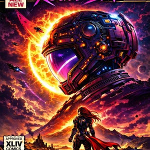 May include: Comic book cover art for "Star Born: Rogue Sun" featuring a futuristic helmet, a female figure, and a fiery celestial background. The cover includes the text "Issue #1" and "A Hero Rises in a Dying Star!"