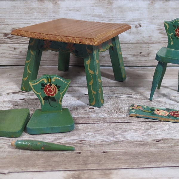 Vintage Wood Doll House Furniture Dining Table Chair Dora Kuhn Hand Painted