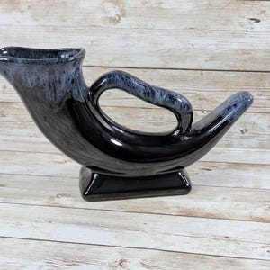 Vintage Anna Van Briggle Art Pottery Horn of Plenty Vase Mid-Century Modern Cornucopia Glossy and Navy Blue Drip Glaze