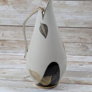 Vintage Mid Century Modern Winterling Bavaria "Goldblatt" Porcelain Pitcher Vase, 1950s German Art Pottery Black & Gold Leaf Jug Ewer
