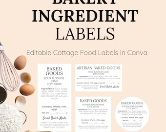 Bakery Ingredient Label Template | Cottage Food Ingredient Label | Editable Canva Food Label for Baked Goods Packaging