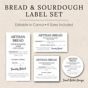 Op de afbeelding: Een set ambachtelijke broodlabels in verschillende vormen, met de tekst "Bread & Sourdough Label Set". De labels bevatten ruimte voor bedrijfsnaam, ingrediënten en nettogewicht in gram.