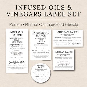 Può includere: Un set di etichette bianche e nere per oli, aceti e salse artigianali. Le etichette rettangolari e circolari includono informazioni sugli ingredienti e il peso netto in grammi. Design moderno e minimalista.
