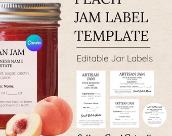 Peach Jam Label Template | Mason Jar Labels | Canning Jar Labels | Cottage Food Label | Editable Canva Jam Jar Label for Preserves