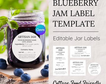 Blueberry Jam Label Template | Mason Jar Labels | Canning Label | Cottage Food Label | Editable Canva Jam Jar Label