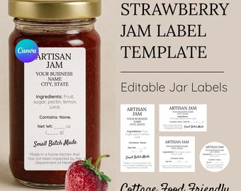 Strawberry Jam Label Template | Mason Jar Labels | Canning Label | Cottage Food Label | Editable Canva Jam Jar Label