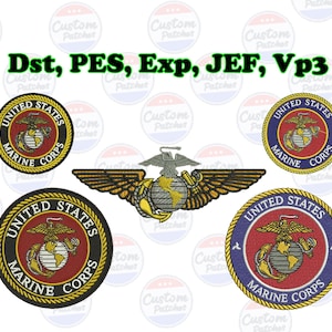 Puede incluir: Parches bordados con el emblema del Cuerpo de Marines de los Estados Unidos. Los parches redondos presentan el águila, el globo terráqueo y el ancla, con detalles dorados, rojos y azules. El texto superior dice "Dst, PES, Exp, JEF, Vp3".