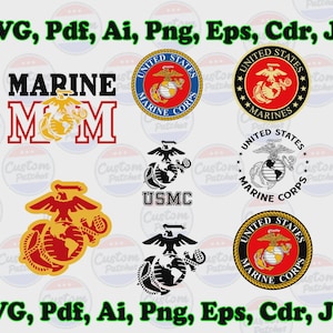 May include: A selection of digital graphics showcasing the United States Marine Corps emblem and text. Designs include the words "MARINE MOM" and "USMC", along with the file types: SVG, Pdf, Ai, Png, Eps, Cdr, Jpg.