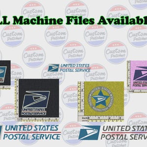 May include: Embroidered patches featuring the United States Postal Service logo in various colors and designs. The patches are square and include the text "ALL Machine Files Available!!!" and "UNITED STATES POSTAL SERVICE".