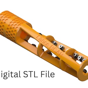 Pode incluir: Um objeto cilíndrico laranja com uma textura de favo de mel numa extremidade e o texto Lance BCAR em relevo na lateral. A estrutura apresenta um design de armação aberta com pequenos rolamentos metálicos visíveis. O texto Digital STL File está presente.