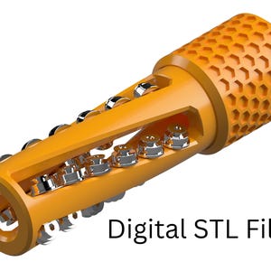 May include: A 3D-rendered orange object with a cylindrical body and a honeycomb-textured end. The object has a series of silver-colored components visible within its structure. The text "Digital STL File" is displayed near the object.