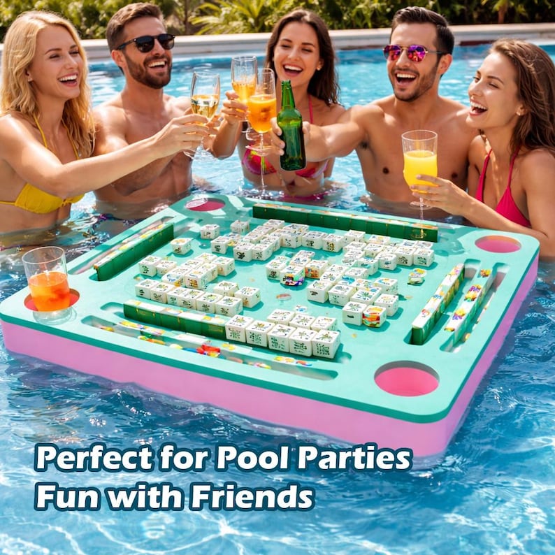 May include: A floating Mahjong game set in a pool with people enjoying drinks. The game board is teal and pink, with white tiles. Text on the image reads: "Perfect for Pool Parties Fun with Friends."