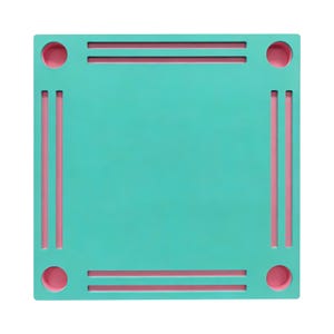 May include: A square, teal-colored object with a pink border. The border features pink lines and circles in each corner. The design is symmetrical and modern, with a clean, minimalist aesthetic. The object is likely a decorative piece or a functional item.