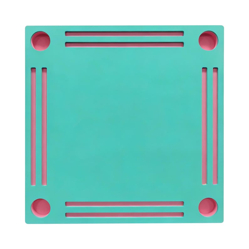 May include: A square, teal-colored object with a pink border. The border features pink lines and circles in each corner. The design is symmetrical and modern, with a clean, minimalist aesthetic. The object is likely a decorative piece or a functional item.