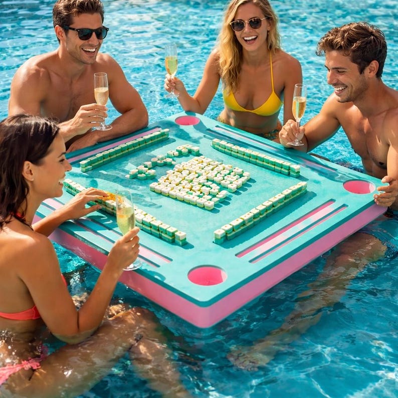 May include: A group of people playing mahjong in a swimming pool. The game is set on a large, rectangular, floating game board with a teal top and pink sides. The players are holding champagne glasses and wearing swimwear.