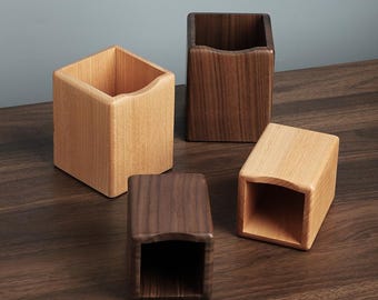 Solid Black Walnut Pen Holder, Minimalist Wood Desk Organizer, Artisan Crafted Cormorant Garamond Monogram