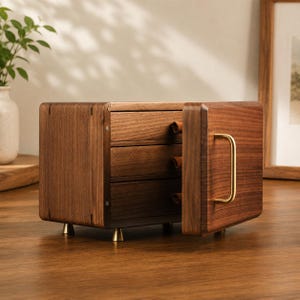 Peut inclure: Une boîte à bijoux en bois avec trois tiroirs et une porte à charnière. La boîte est en bois brun foncé avec des pieds couleur laiton et une poignée dorée. La porte est ouverte, révélant les tiroirs à l'intérieur.