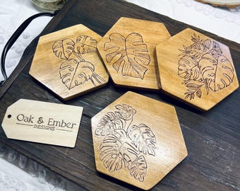 Hand Burned Monstera Wooden Coasters- 4 pc set