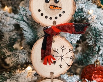 Hand Burned Wood Slice Snowman