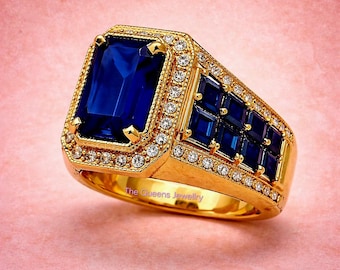 Emerald Cut Royal Blue Sapphire Ring – Gold Statement Ring for Men – Vintage Art Deco Style – Diamond Engagement Ring – fathers day gift