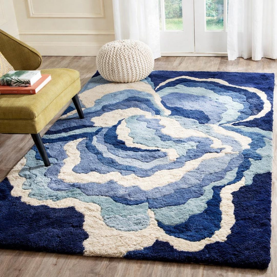 Hand Tufted Wool Rug | Blue Abstract Floral, Custom Size - Etsy