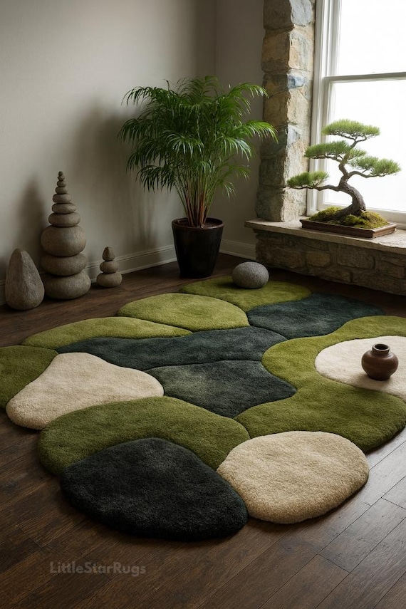 Hand Tufted Moss Stone Rug • Zen Garden Sculpted Carpet