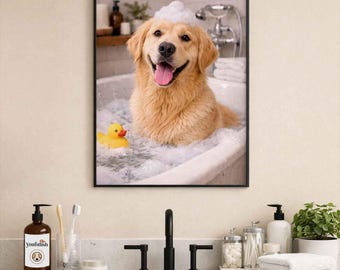 Golden Retriever Bathroom Poster | Funny Dog Wall Art | Dog in Bathtub Print | Bathroom Humor Décor | Dog Lover Gift