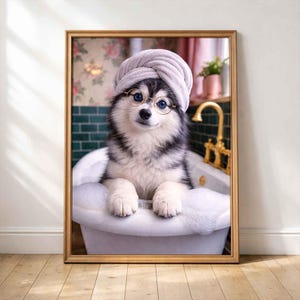 Pomsky Bathroom Poster, Spa day for a Pomsky, bathroom prints, personalized pet gift, Dog Lover Gift