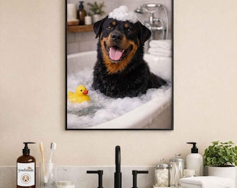 Rottweiler Bathroom Poster | Funny Dog Wall Art | Dog in Bathtub Print | Bathroom Humor Décor | Dog Lover Gift