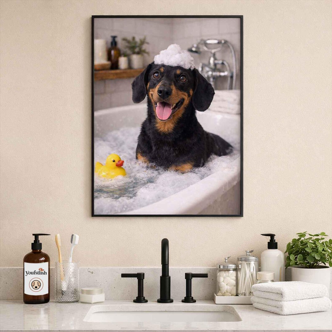 Dachshund Bathroom Poster | Funny Dog Wall Art | Dog in Bathtub Print ...