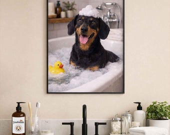 Dachshund Bathroom Poster | Funny Dog Wall Art | Dog in Bathtub Print | Bathroom Humor Décor | Dog Lover Gift