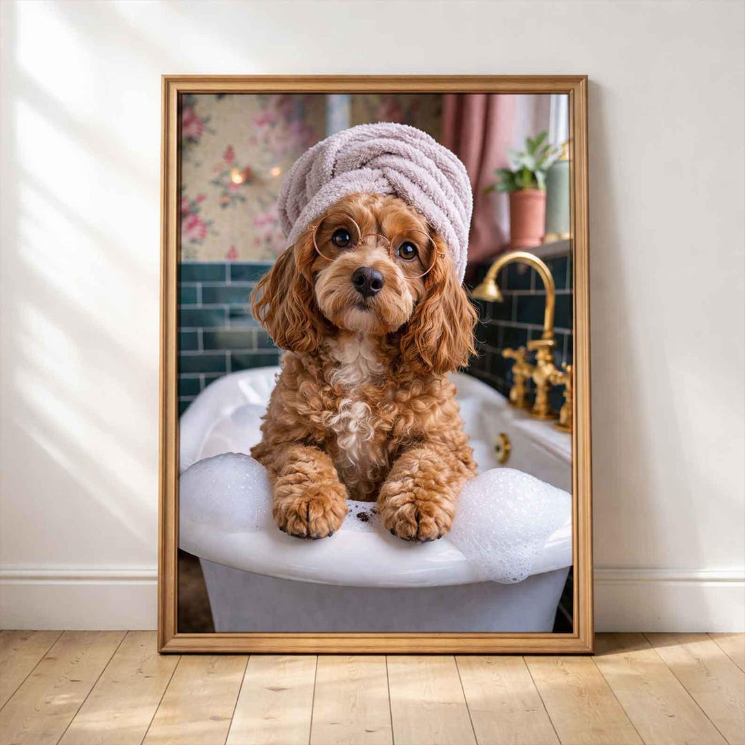 Cockapoo Bathroom Print, Dog Spa Day Art, Bubbly Bath Towel Glasses ...
