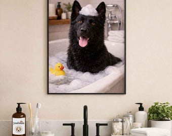 Black German Shepherd Bathroom Poster | Funny Dog Wall Art | Dog in Bathtub Print | Bathroom Humor Décor | Dog Lover Gift