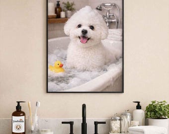 Bichon Frisé Bathroom Poster | Funny Dog Wall Art | Dog in Bathtub Print | Bathroom Humor Décor | Dog Lover Gift