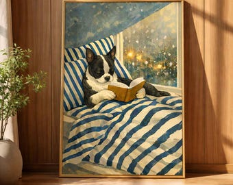 Boston Terrier Reading Print | Boston Terrier Wall Art | nursery wall art | bedroom wall art | dog lover gifts