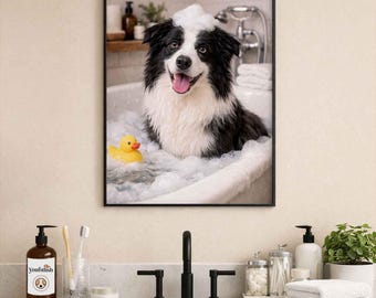 Border Collie Bathroom Poster | Funny Dog Wall Art | Dog in Bathtub Print | Bathroom Humor Décor | Dog Lover Gift