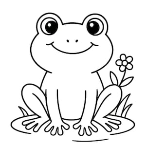 May include: Black and white line drawing of a smiling frog sitting on lily pads with a flower. The word "FROG" is written in a bold font below the frog.