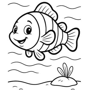 Può includere: Illustrazione in bianco e nero di un pesce pagliaccio che nuota nell'oceano. Il pesce ha delle strisce e una faccia sorridente. La parola "CLOWNFISH" è stampata in basso.